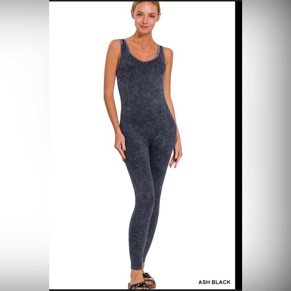 Zenana  Acid Washed Ashe Black Ribbed Jumpsuit Various sizes